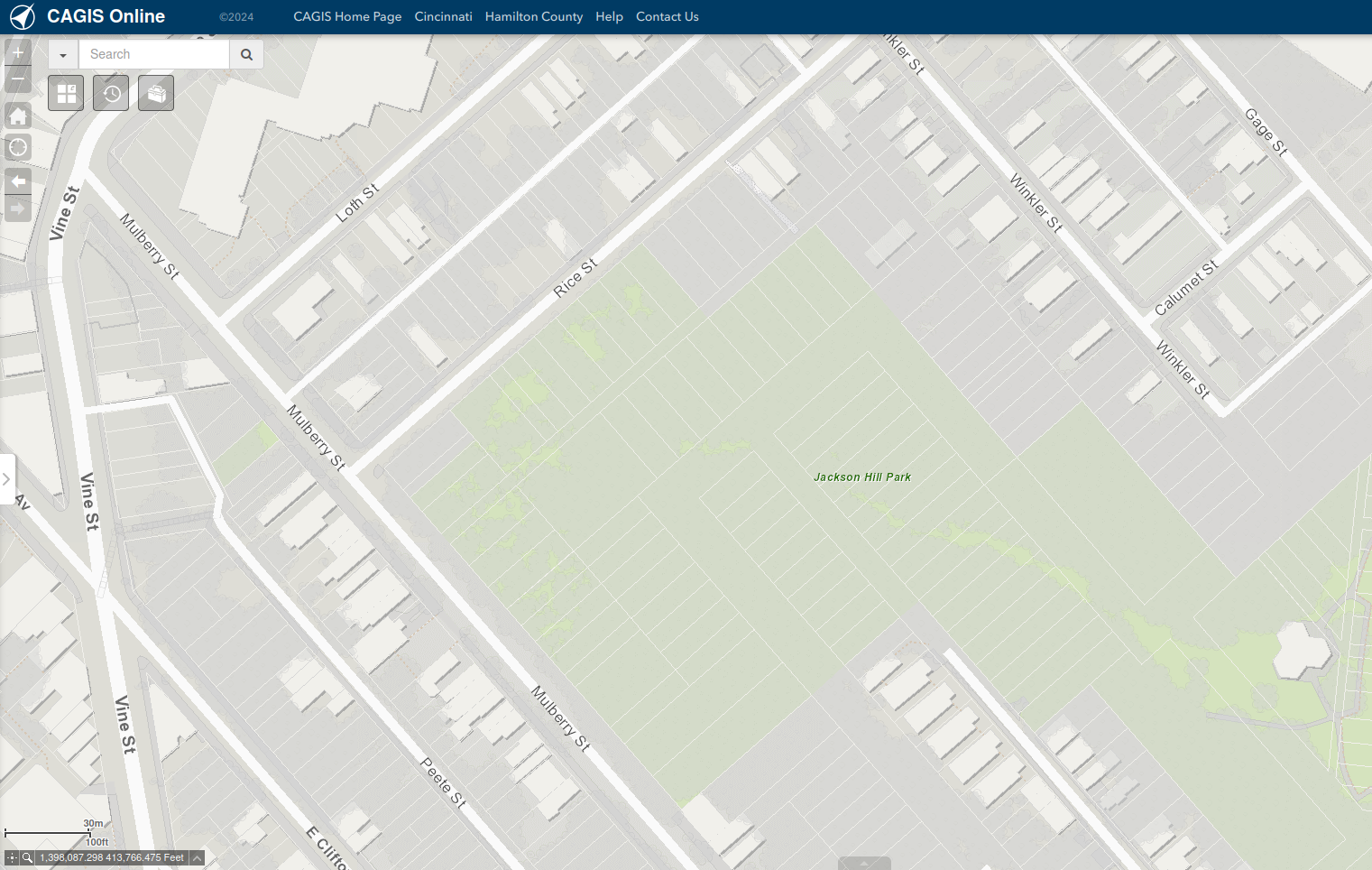 Screenshot of CAGIS online map showing Jackson Hill Park. Overlaid on the park are faint white lines showing property boundaries, and the supposed locations of the streets are plainly visible (although the streets aren't labeled).