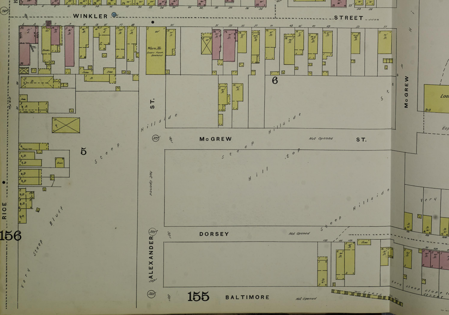 1891 Sanborn map, showing Alexander St and McGrew St with the subtitle "Not Opened". We can see there are no buildings on either street, and there's also curvy text in places reading "Very Steep Bluff" and "Steep Hillside".